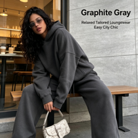 Ensemble décontracté sportif pour femme : sweat à capuche uni et pantalon de survêtement ample longueur genou en molleton écologique
