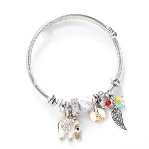 Bracelet ouvert pour femme Bracelet perlé en acier inoxydable bébé éléphant ailes d'ange pendentif gland Bracelet en métal