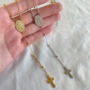 Collar Dylam Dainty Daily Jewelry con Cadena de Cuentas, Doble Colgante en Forma de Cruz, Plata de Ley 925, Virgen María, San Benito - Product Image 5