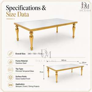 Table de banquet rectangulaire haut de gamme en acier inoxydable avec plateau miroir et pieds tournés pour l'approvisionnement de projets hôteliers et événementiels - Product Image 3