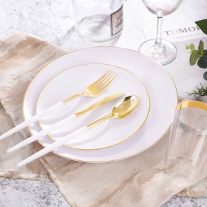 Ensemble de vaisselle en plastique de 125 pièces, assiettes noires et blanches avec couverts dorés, assiettes jetables pour réceptions de mariage, fournitures pour fêtes - Product Image 2