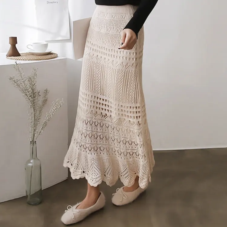 Knitwear manufacturers custom 2022 summer high rise flowers cutout classic loose knit women's long skirt