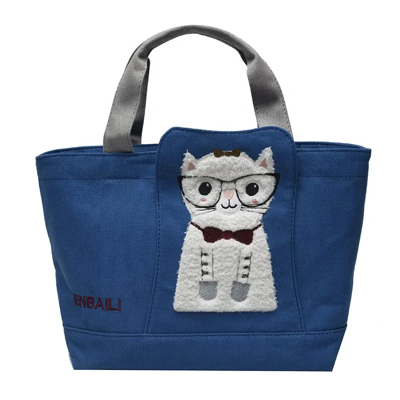 Custom Eco-Friendly Ladies Tote Bag Canvas Ted Shopping Bag Embroidered Cat Pattern Made in China