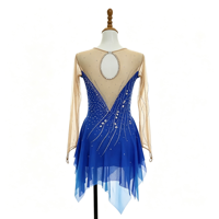 Robe de patinage et de danse dégradé bleu roi pour enfants et adultes, avec manches longues en maille nude et jupe superposée ornée de strass, pour compétition et spectacle de patinage sur glace