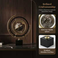 Ornement de globe terrestre rotatif en métal Art Déco, sphère en pierre marbrée imprimée UV, base en cristal noir, décoration de bureau de luxe, cadeau de bureau