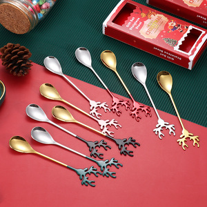 Cuillère en acier inoxydable 304, cuillère en forme d'elchon style nordique, coffret cadeau de Noël, cuillère à café, cuillère nid d'oiseau, cadeau du Nouvel An. - Product Image 1
