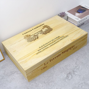 Boîte à vin en bois de pin rectangulaire faite à la main avec couvercle rabattable pour 6 bouteilles, étui de rangement pour boissons - Product Image 1
