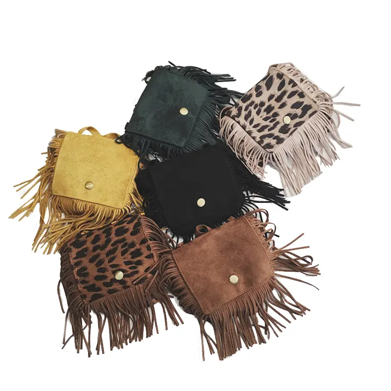 2023 Wholesale fashion leopard print little girl purses crossbody kids coin purse mini fringe handbags with tassel