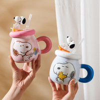 Mug à café en céramique mignon avec couvercle et paille, motif Snoopy, capacité 500 ml, idéal pour un cadeau