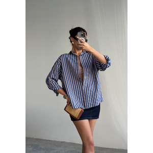 Camisa de Lino a Rayas Azul Marino para Mujer, Colección de Blusas y Camisas para Mujer - Product Image 3