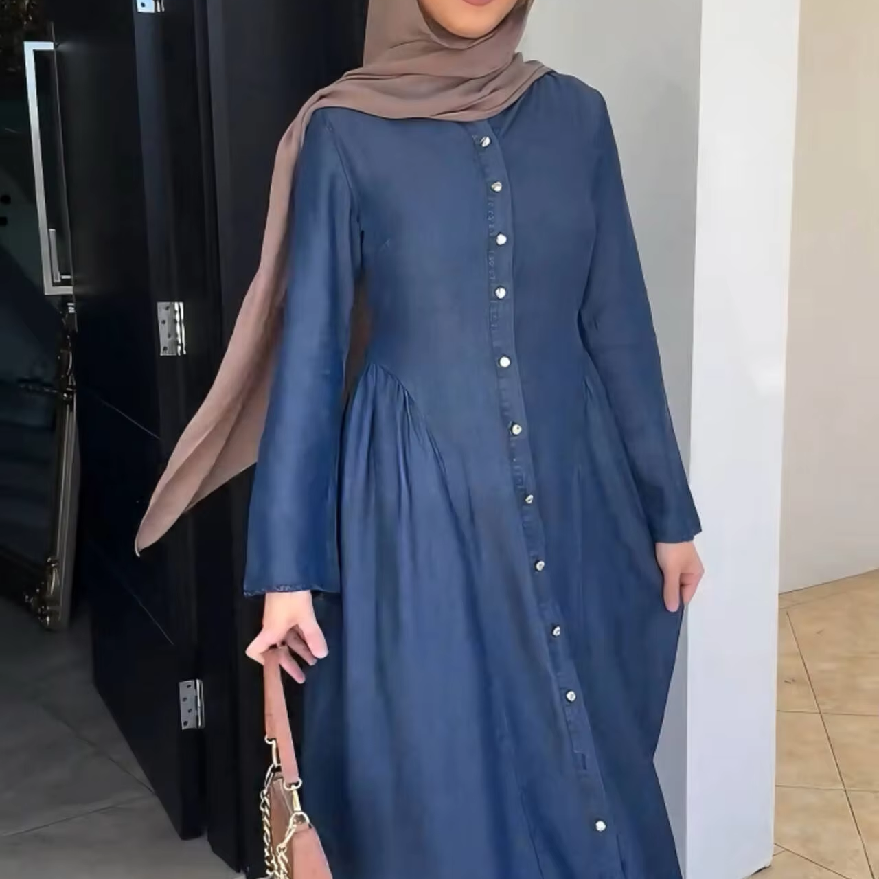 white christmas dresses Turkish Buttoned Hooded Cotton Abaya Denim Color – USA Hijab World main image 0
