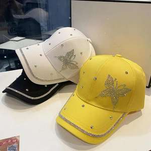 Casquette de baseball 7 panneaux pour femme avec strass papillon, respirante, imperméable, en toile, protection solaire, toutes saisons, jaune, noir, blanc - Product Image 1