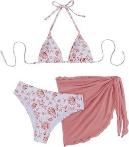 Women's 3PCS Floral <b>Bikini</b> <b>Set</b> featuring a halter top, matching bottoms, and a stylish wrap skirt for a versatile beach look. - Product Image 6