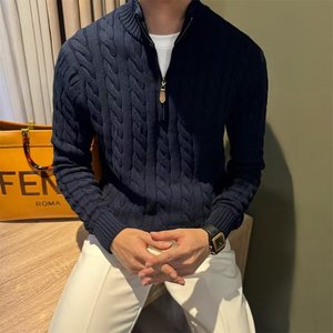 Suéter de punto trenzado con media cremallera y cuello alto para hombre, cálido, ajustado, para otoño e invierno, en blanco, gris, negro, azul marino, rojo, tallas M, L, XL, 2XL, 3XL - Product Image 1