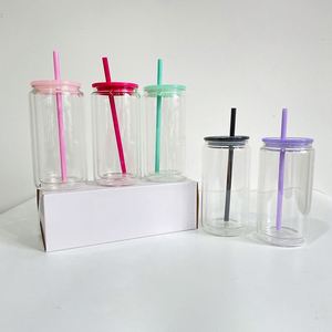 Vaso de vidrio transparente de doble pared para sublimación de 12oz y 15oz, tipo globo de nieve con purpurina, con tapas de plástico PP coloridas para impresión en caliente - Product Image 1
