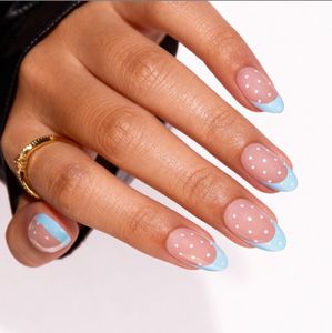 <span class=keywords><strong>Uñas</strong></span> Postizas de Acrílico ABS, Color Azul <span class=keywords><strong>Polvo</strong></span> Francés, Elegantes y Modernas, Cobertura Completa, Pegamento <span class=keywords><strong>para</strong></span> <span class=keywords><strong>Uñas</strong></span>, Longitud Media, Alta Calidad, Venta al por Mayor - Product Image 4