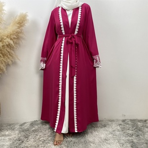 1405# Popular Eid Nida Material Flower <b>Lace</b> Border Classy Simplicity <b>White</b> Embroidery Women Open Abaya Have Pockets - Product Image 2