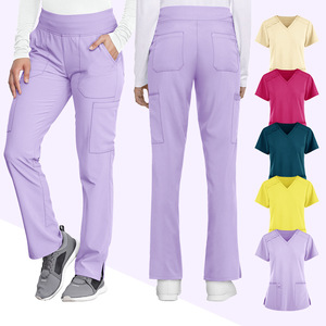 Women's Medical Scrub Set Short Sleeve V Neck Top And Pants Moisture Wicking Hospital Uniforms Rose Red Apricot Yellow Deep - Product Image 3