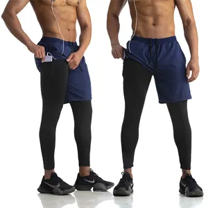 Pantaloncini e leggings da uomo 2 in 1 all'ingrosso set da compressione per pantaloncini da uomo fitness running