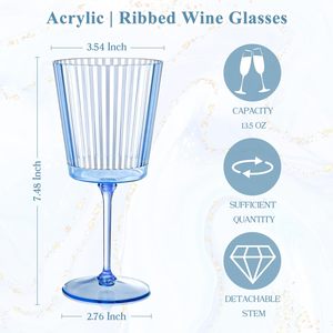 Copas de vino de plástico acanalado azul boda Vintage 13,5 OZ copas de vino acanaladas rosas copa de vino desmontable elegante cristalería acanalada - Product Image 2