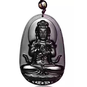 Pendentif en obsidienne noire naturelle, collier ras du cou, Bouddha de la Vie, Huit Protecteurs, pendentif Bouddha noir - Product Image 3