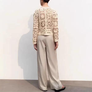 Professional Leisure Suit Hollow Hook Flower Beige Long Sleeved Knitted Cardigan Casual <b>Pants</b> Set 2 Pieces Set Fashion - Product Image 4