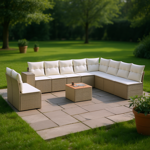 Ensemble de canapés de jardin en rotin beige, grand mobilier de patio extérieur, design contemporain, coussins en mousse haute densité - Product Image 2