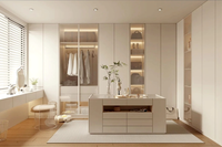 Armoire dressing moderne sur mesure avec cadre en panneaux de particules, portes vitrées, éclairage LED et table de maquillage intégrée pour appartement