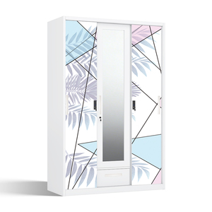 Armoire en métal imprimé avec miroir, 3 portes coulissantes et un tiroir, 1200 mm, pour chambre à coucher - Product Image 2