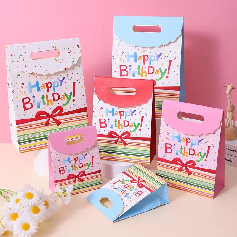 Logo personalizzato regalo di compleanno rosa Kraft Shopping Bag con manici fustagliati punto confezione di carta colorata