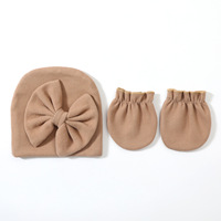 Gorro de Algodón Sólido para Bebé Recién Nacido + Juego de Manoplas Antiarañazos con Lazo Grande