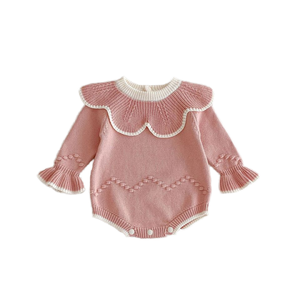 Angou Ins otoño nuevo bebé niña hecho a <span class=keywords><strong>mano</strong></span> bola Lotus Collar botón cierre sólido Casual mamelucos suéter - Product Image 1