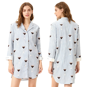 <span class=keywords><strong>Pigiama</strong></span> di cotone stampato da donna camicia da notte con apertura frontale con bottone superiore all'ingrosso graziosi indumenti da notte da donna - Product Image 1