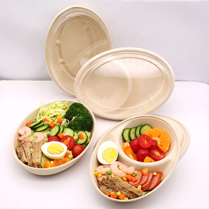 Eco friendly Biodegradable Bagasse Oval Food Container Sugarcane 2 Compartment Lunch Bowl With Lid