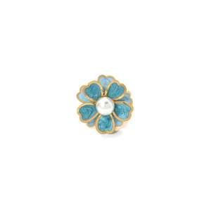 Pearl <b>Ring</b> With Blue Enamel Flower Design <b>Gold</b> Plated Stainless Steel Sustainable Resistant Jewelry - Product Image 1