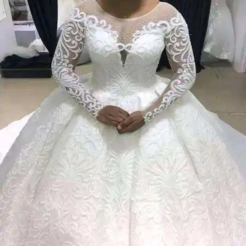 Высокое качество Новая мода Оптовая Продажа невесты кружева с длинным рукавом Пользовательские Свадебные платья