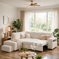 Cord L-förmiges Multifunktionales Schlafsofa mit Stauraum-Chaiselongue und Versteckten Hockern, Cremefarbenes Ausziehbares Schlafsofa für Wohnzimmer
