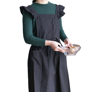 Korean Styled Customisable Cross Back <strong>Apron</strong> with Ruffled Cap Cotton-Linen Sleeveless Two Large Pockets for Chefs - Product Image 5