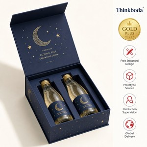 Boîte cadeau personnalisée pour boissons pétillantes <span class=keywords><strong>sans</strong></span> <span class=keywords><strong>alcool</strong></span>, double bouteille, boîte rigide bleu foncé avec feuille d'or en forme de croissant, emballage halal - Product Image 1