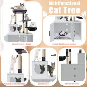 Muebles para mascotas en apartamentos pequeños: Casa oculta para gatos con árbol para gatos, gabinete de almacenamiento, caja de arena para gatos interior simple y transpirable. - Product Image 4