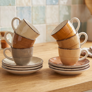 Baita Chocolate Set of 6 Hand-Painted Stoneware Coffee <b>Cups</b> <b>Saucers</b> Retro Modern Turkish Design Dishwasher Safe for Tea Drinks - Product Image 2