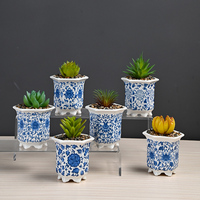 Lot de 6 pots à succulentes en céramique émaillée bleu et blanc à motifs floraux, petit pot à cactus de 3,3 pouces avec drainage, vente en gros