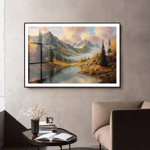 <span class=keywords><strong>Peinture</strong></span> de paysage de <span class=keywords><strong>montagne</strong></span> avec coucher de soleil doré sur <span class=keywords><strong>lac</strong></span> : Décoration rustique pour cabane - Product Image 2