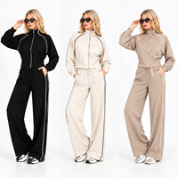 Ensemble de survêtement sport décontracté pour femme en tissu éponge, veste zippée intégrale et pantalon, avec bande latérale, coupe ample, fournisseur en gros