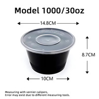 Réfrigération micro-ondable étanche noire 37oz 1100ml récipient alimentaire rond thermique jetable bol à soupe en plastique avec couvercles