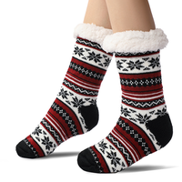 Chaussettes pantoufles d'hiver en polaire épaisse tricotée à imprimé animal pour femme, antidérapantes, doublées polaire, en tissu éponge