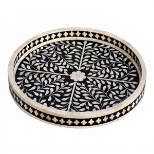 Round Resin Decorative Tray with <b>Black</b> White Floral Inlay Oriental Design Handmade Dishwasher Safe Eco-Friendly for Table Use - Product Image 1