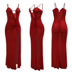 Fashion look look da sera arricciato abito lungo aderente estivo Sexy per feste abiti Cami con spacco da donna 2024 - Product Image 6