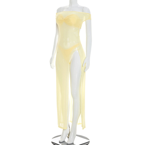 Viviblook Y26ST178 Ensemble d'été pour femme Nouveau sexy ensemble trois pièces : crop top bustier, string et robe longue fendue en maille transparente - Product Image 3