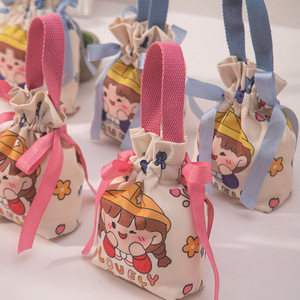 Tas Goodie Desain Kartun Kanvas Biru Pink dengan Tali Serut dan Pegangan untuk Pesta Ulang Tahun & Baby Shower untuk Anak-Anak - Product Image 3